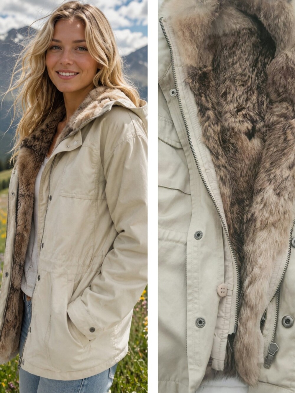 VNT Y2K La Rok Rabbit Fur Lined Beige Utility Jacket | Large